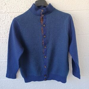 Turtleson Men Blue 100% Extra Fine Merino Wool Mock Neck Button Cardigan Medium
